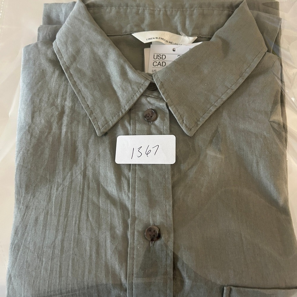 H&M Button Down Shirt Womens Small Green Linen Blend Melange Long Sleeve - Picture 7 of 7